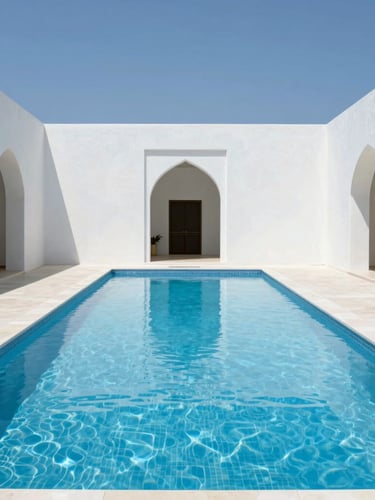 Symmetrical architectural luxury pool in Baghdad, crystal clear water reflecting bright midday sun, minimalist white concrete surroundings, 35mm photography