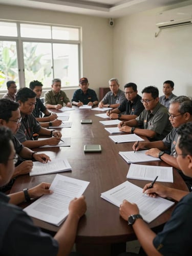 Wide environmental shot of Indonesian organization members seated around a table in a well-lit meeting room, documents spread open, hands pointing at papers, natural daylight from side windows, captured from a distance showing the full room context