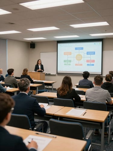 Wide shot of a structured workshop session in a meeting hall, participants seated in rows facing a presenter at a whiteboard with an organizational diagram, overhead indoor lighting, documents visible on desks