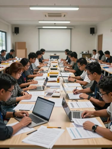 Wide environmental shot of a civic workshop in progress in Jakarta, participants gathered around tables with printed materials and laptops, overhead soft indoor lighting, hands engaged with documents, framed from the back of the room showing full scale
