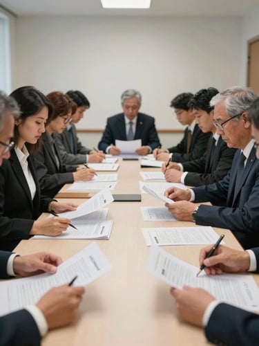 Wide environmental shot of a formal meeting in a clean institutional room, participants reviewing printed documents spread across a long table, overhead natural light, hands visible mid-discussion, no posed smiles