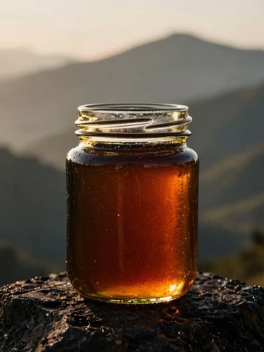 A professional dark glass jar of honey reflecting warm late-afternoon sunlight, lush misty mountains of Bonao in the soft-focus background, editorial luxury photography
