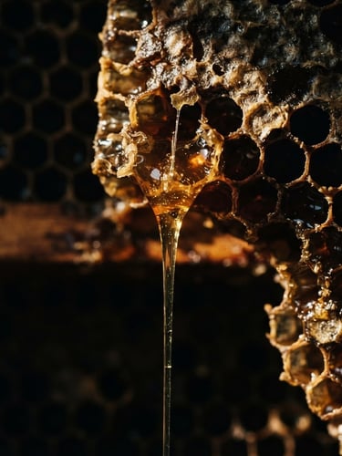 Extreme macro shot of slow-dripping golden honey from a dark honeycomb, warm afternoon sunlight cutting through deep shadows, dark editorial product photography, 35mm