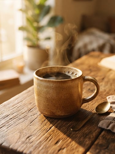 Warm golden-hour shot of a steaming ceramic mug on a rustic wooden table, soft shadows, shallow depth of field, 35mm
