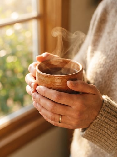 Close-up of hands holding a warm terracotta mug filled with steaming tea, soft morning golden-hour light streaming through a window, shallow depth of field, 35mm