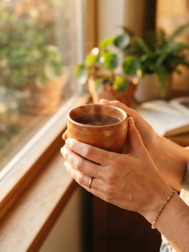 A warm, close-up shot of hands holding a steaming terracotta mug by a sunny window, soft golden-hour light illuminating the earthy glaze texture, shallow depth of field, 35mm.