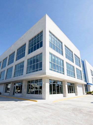 Bright, wide-angle architectural perspective of a modern concrete and glass commercial building in coastal Florida, sunny daylight, crisp blue sky, clean lines.