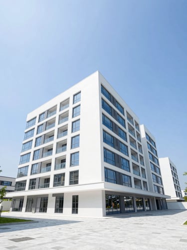 Bright architectural perspective of a modern commercial development under high-key natural daylight, clean structural lines, blue sky reflections