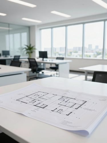 Bright, high-key natural daylight photo of a professional office environment in Florida, clean white tables with architectural blueprints, wide-angle perspective.