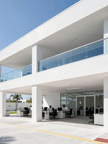 Bright architectural photography of a modern, open-plan commercial planning office in Florida, high-key natural daylight, clean white and blue accents, wide-angle lens.