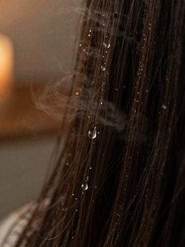 Extreme close-up of water droplets flowing over dark hair strands, steam rising softly, warm golden-hour light, shallow depth of field, tactile texture.