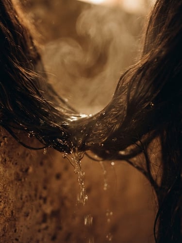 Extreme close-up of warm water slowly flowing over dark hair, soft steam rising, low-key warm candlelit lighting, travertine stone texture background, 35mm photography