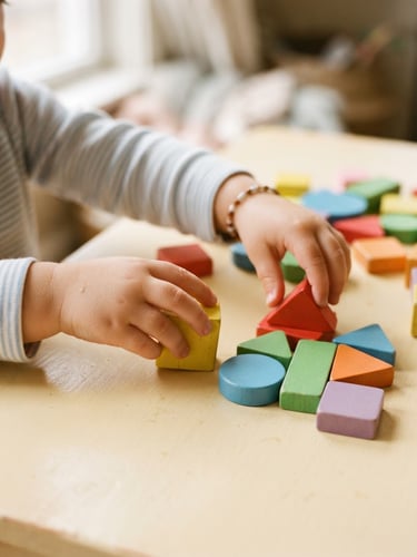 A bright, warm close-up of a child's hands sorting colorful wooden blocks on a cream table, soft natural daylight, 35mm