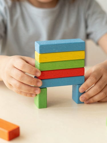 Close-up of a child's hands carefully stacking colorful wooden arches on a light cream table, soft warm sunlight, shallow depth of field