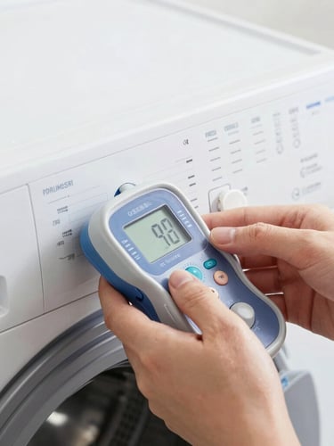 Close-up of skilled hands using a digital diagnostic meter on a washing machine control board, crisp industrial lighting, clean metallic tones