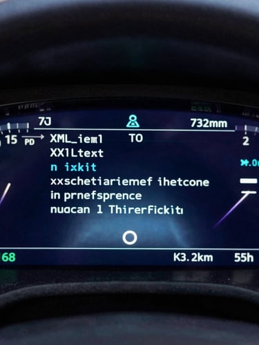Macro shot of a clean digital dashboard displaying XML node structures and content transformation metrics, cool blue and purple ambient lighting