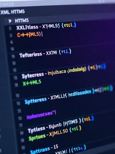 Macro shot of a digital interface showing clean structured XML and HTML5 code blocks, cool blue and purple ambient lighting, high-fidelity UI dashboard.