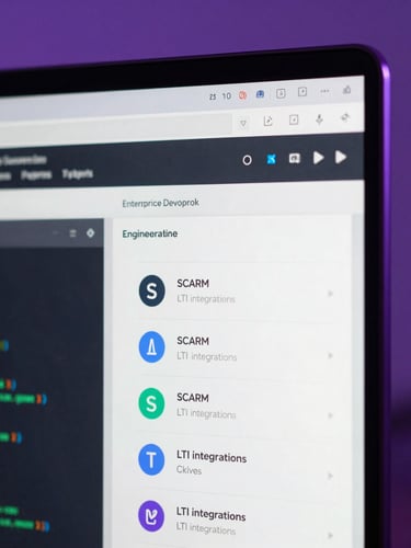 Macro close-up of a high-fidelity enterprise developer dashboard showing active engineering resources, clean code lines of SCORM and LTI integrations on screen, cool purple studio lighting, shallow depth of field.