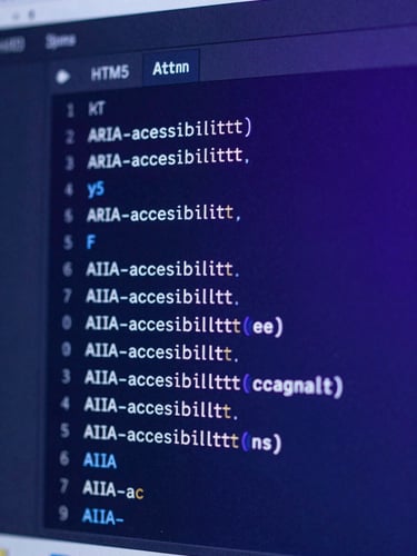Macro shot of a high-fidelity digital interface displaying structured HTML5 code with highlighted ARIA accessibility tags, cool blue and purple studio lighting.