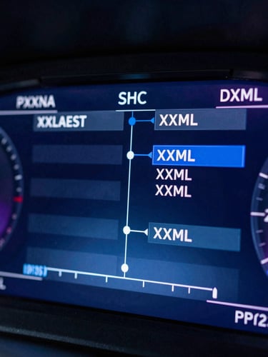 Macro shot of a high-fidelity digital dashboard showing structured content nodes and clean XML code, cool blue and purple ambient lighting.