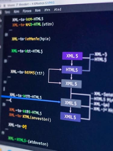 Macro shot of a digital interface showing structured XML-to-HTML5 conversion pipelines, clean code blocks, cool blue and purple ambient light.