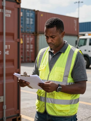 Environmental portrait framed from the left, a weathered logistics agent in a high-visibility vest reviewing documents on a clipboard at a busy Caribbean port terminal, natural midday daylight, shipping containers stacked behind him, medium shot showing the agent in full working context