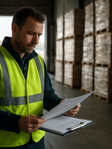Medium environmental shot of a logistics agent in a high-visibility vest reviewing cargo manifests at a warehouse loading dock, stacked pallets of goods behind him, natural daylight streaming through open bay doors, focus on the paperwork and the working context