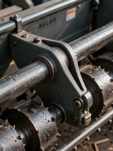 Macro detailed close-up of the heavy-duty steel cutter bar and thresher drum mechanism of the AKLAS harvester, metallic grey textures, dramatic side-lighting.