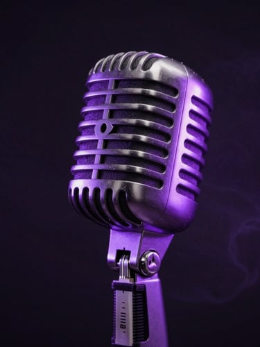Close-up of a classic vintage microphone under a single electric purple spotlight, dark background with subtle smoke, high-contrast neon-noir style.