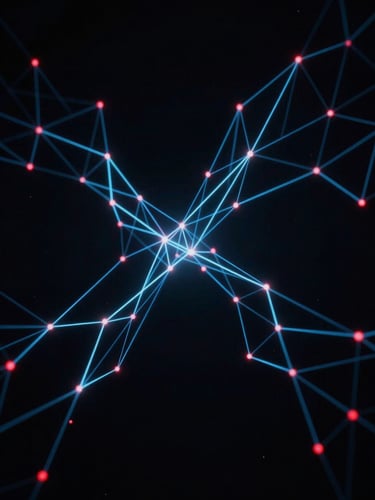 Abstract neural network visualization with cold electric blue lines and tiny warning red nodes on a deep obsidian black background, cinematic tech photography