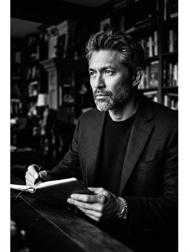 Dramatic high-contrast black and white portrait of author Cassian Ito, shadowed lighting, cold dark background, professional and intellectual look, 35mm