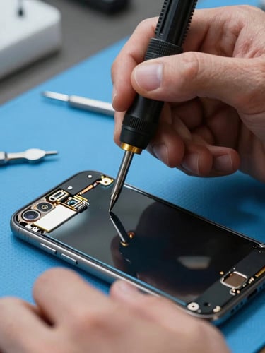Close-up macro of a technician's hands using a precision screwdriver on a disassembled smartphone screen, cool workbench LED light, clean metal tools, blue silicone work mat.