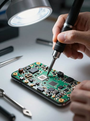 Macro close-up of a technician using a precision screwdriver on a disassembled smartphone motherboard, bright cool LED workbench light, organized metal tools around
