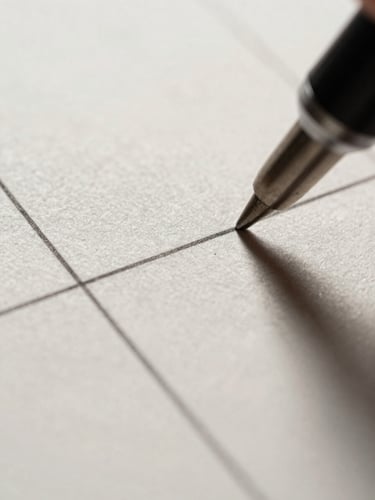 Extreme close-up of thick, high-density paper texture, black ink drawing a clean grid line, hard lighting casting a sharp shadow of a pen tip