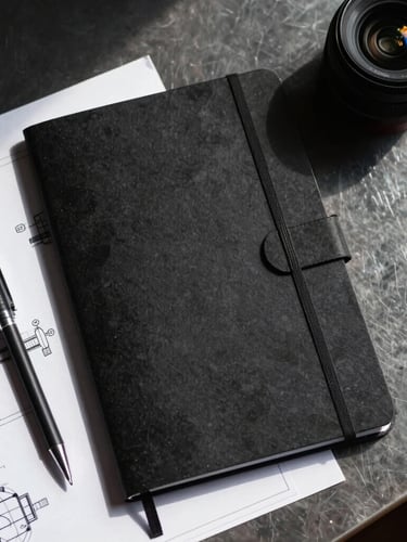 High-contrast top-down flat lay of a black notebook, a technical blueprint drawing, and a mechanical pencil on a dark metal desk under harsh directional light.