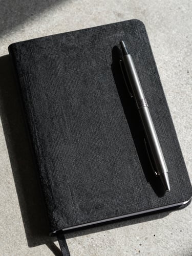 Stark top-down close-up of a heavy black linen notebook and a solid steel mechanical pencil on a raw concrete surface, sharp shadows from hard directional light.