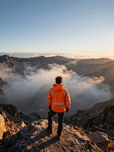A professional mountain guide in high-visibility orange jacket looking out over a misty volcanic crater at sunrise, wide environmental scale.