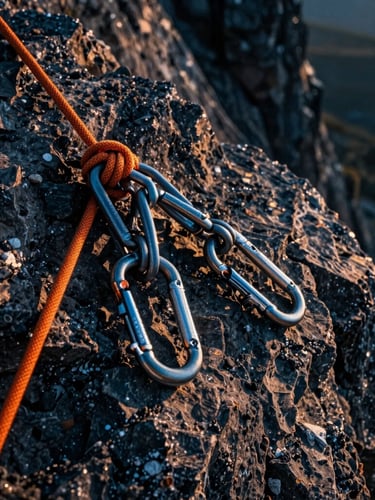 Close-up of technical climbing gear, carabiners, and safety-orange ropes resting on a rugged volcanic rock surface, dramatic high-contrast lighting.