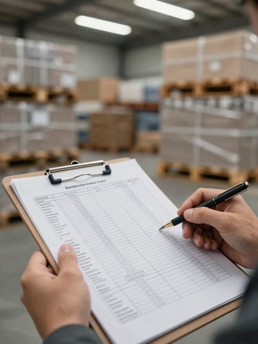 Wide environmental shot of a driver's hands resting on a clipboard with a printed route manifest, fluorescent warehouse interior visible in the background, stacked pallets and strapped cargo out of focus behind, documentary daylight tone, close detail framing on the paperwork with route markings visible