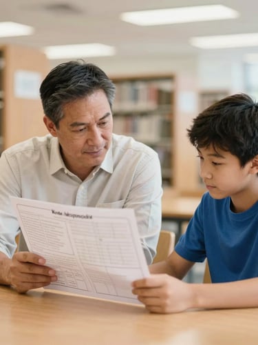 A warm, natural light photograph of an adult mentor and a high school student sitting together at a wooden table in an Indianapolis library, reviewing a project board, soft focus background, 35mm.