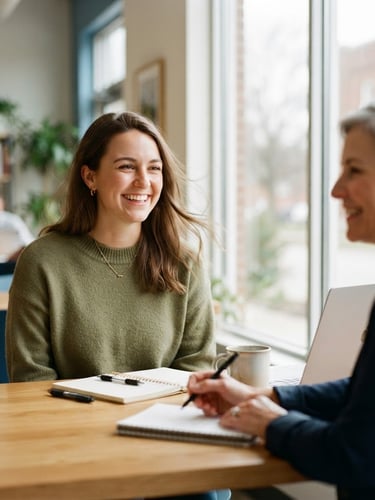 A young professional in Indiana smiling during a collaborative mentorship session, bright natural window light, warm ivory tones, shallow depth of field, 35mm.