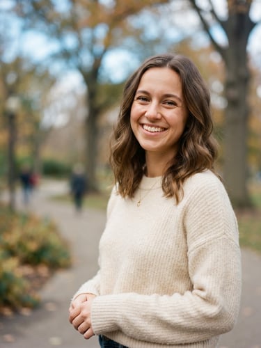 A bright, natural portrait of a young professional in Indiana smiling, soft overcast daylight, warm ivory tones, shallow depth of field, 35mm