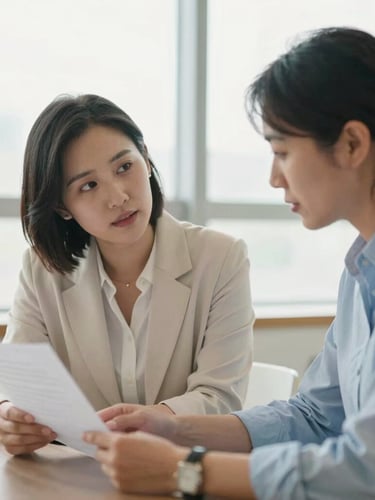 An active mentoring session in Indianapolis, a seasoned career coach and a young professional reviewing documents together under soft natural window light, shallow depth of field, 35mm.