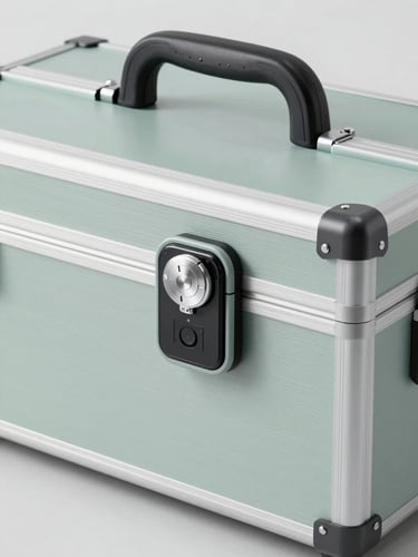 Sleek modern medical transport case with a digital seal lock on a clean stainless steel surface, clinical studio lighting, sharp focus, desaturated sage tones.