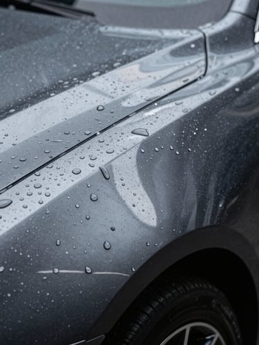 Macro shot of water perfectly beading on a fresh ceramic coating over dark metallic car paint, sharp reflections, high-contrast studio lighting
