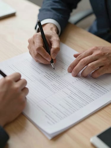 Wide-angle view from above: a single expert's hands annotating a printed credit portfolio report on a light wood desk, natural north-facing daylight from the left, fine pencil marks visible on dense rows of figures, no people visible beyond the hands