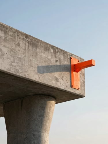 Ultra-tight crop of a poured concrete cantilever joint against a clear morning sky, sharp safety-orange construction marker visible