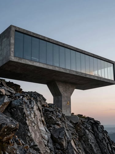Wide panoramic 21:9 extreme environmental shot of a raw concrete cantilever structure jutting out over a rocky cliff at twilight, massive glass spans reflecting the horizon, high-contrast lighting, expansive negative space in the sky.