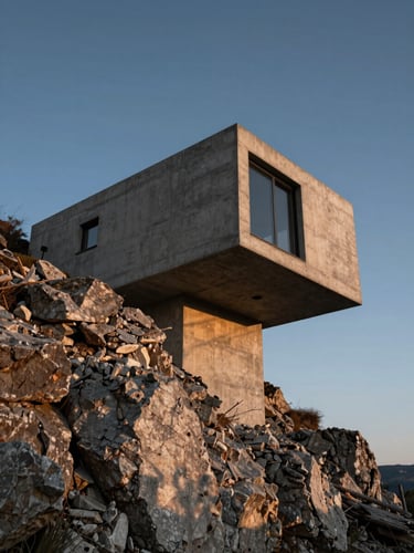 A dramatic low-angle twilight photograph of a completed raw concrete and blackened steel residential cantilever projecting over a rocky cliffside, casting long geometric shadows.
