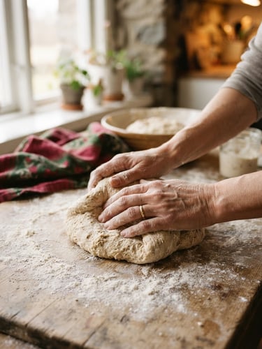 Close-up of hands kneading sourdough on a floured wooden table, soft Scandinavian morning light streaming through a window, shallow depth of field, 35mm.